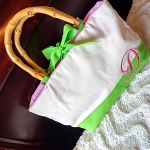 Braciano Wooden Handled Monogrammed "D" White, Green and Pink Purse 👛